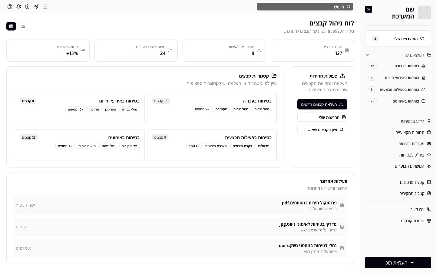 The file management dashboard, in Hebrew. Totals across the top, file categories, a quick actions panel and a list of recent activity.