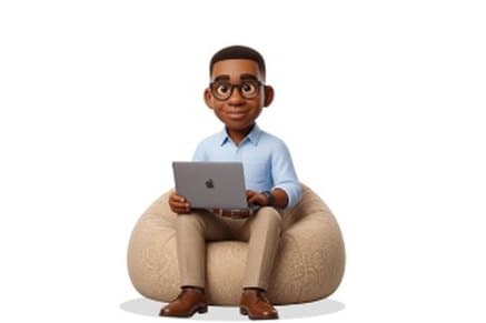 Grant sits calmly on the beanbag with a laptop and nothing around: a quiet, plain state.