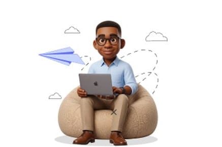 Grant on the beanbag with a laptop, a paper plane and dotted flight paths drifting behind, pointing to the next application.