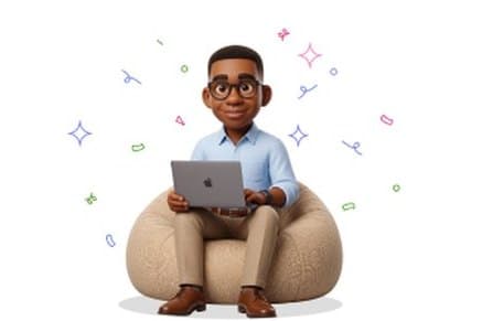 Grant, the illustrated assistant, sits on a beanbag with a laptop while confetti and sparkles float around.