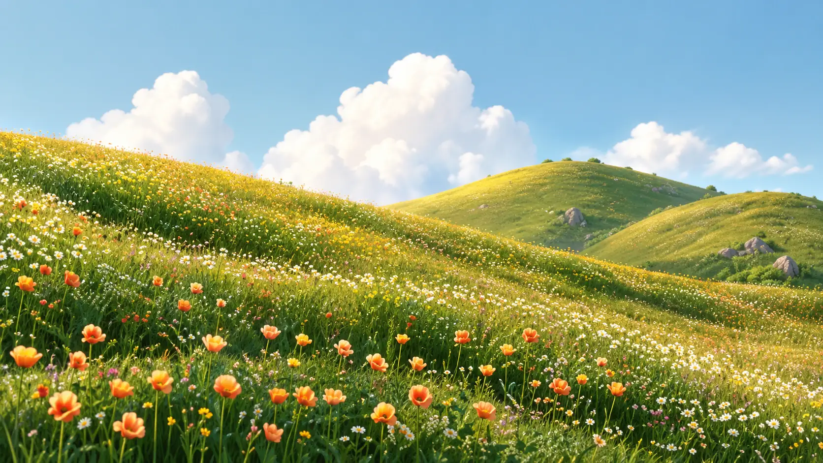 a flower meadow on rolling green hills
