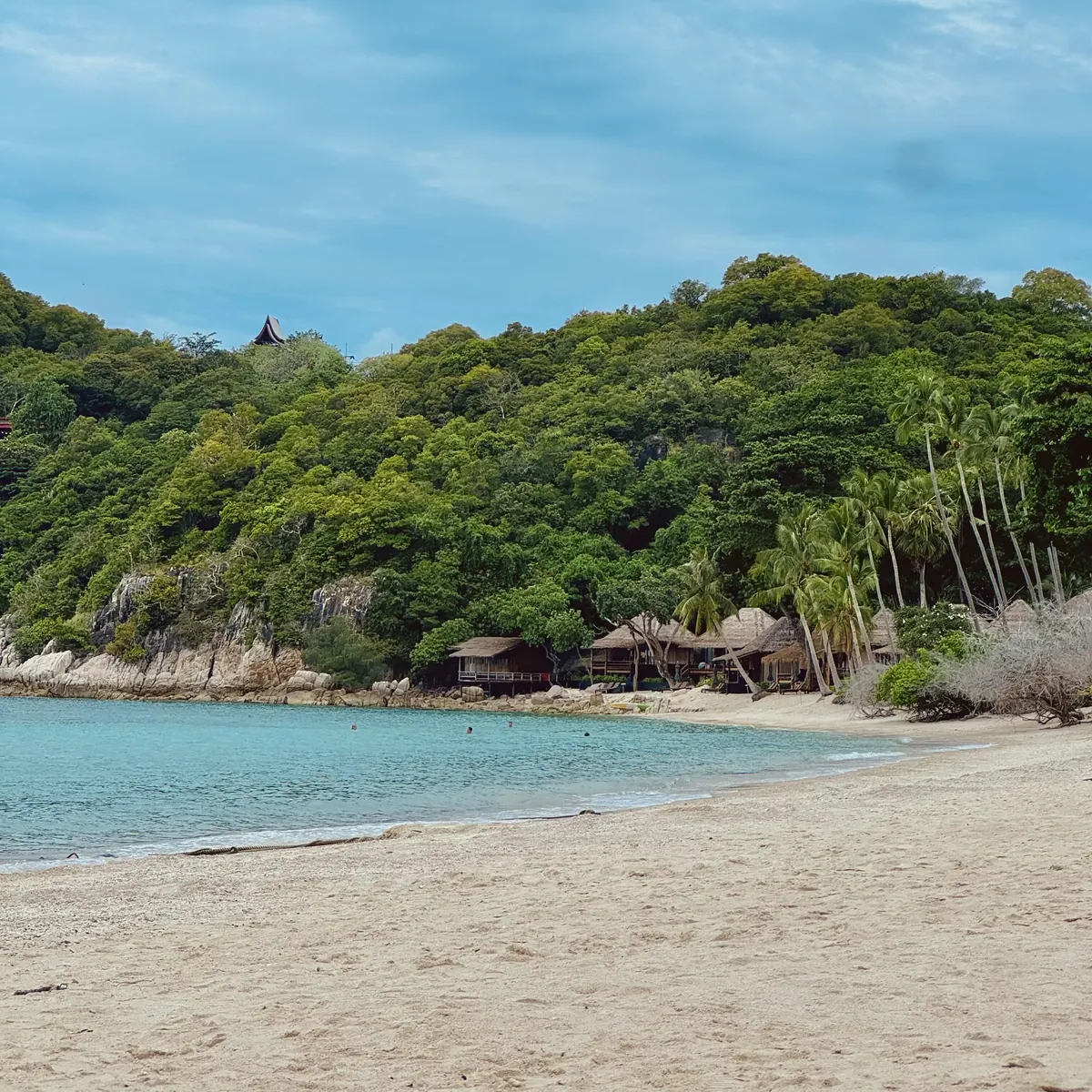 A sandy beach with turquoise water below a green, forested hill